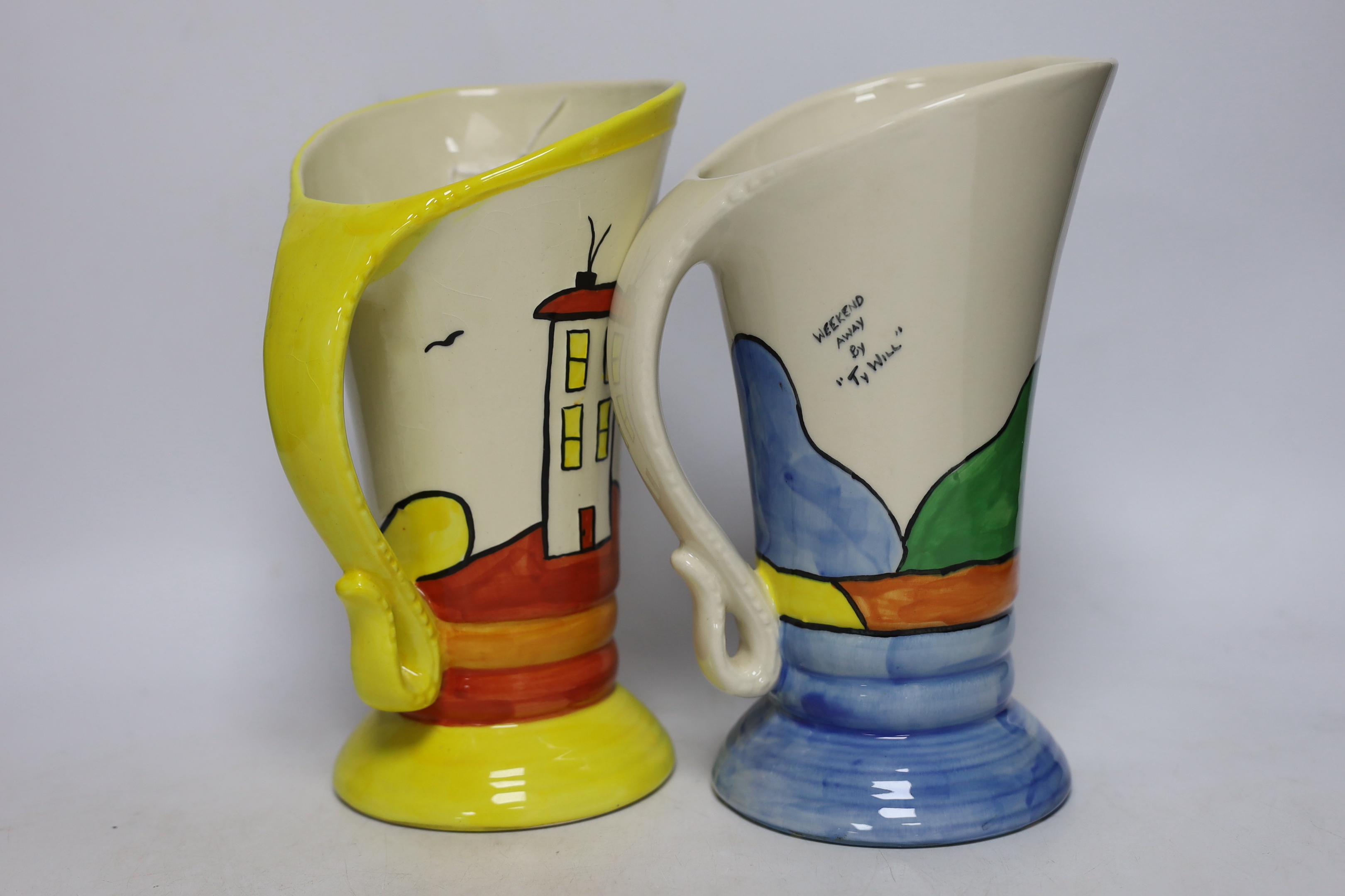 A Bernadette Eve Staffordshire jug, hand painted by Ty Will ‘Gardens’ and a similar Devon Ware jug, both in Clarice Cliff style, 23cm